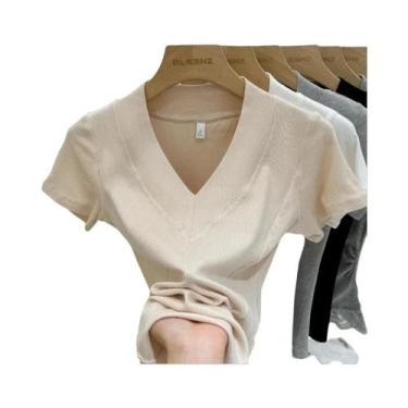 Imagem de Camiseta Feminina Branca De Malha Canelada Com Decote Em V, Ajuste Sli