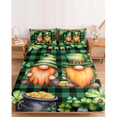 Imagem de Jogo de lençol Queen de trevos anões do Dia de São Patrício, tamanho Queen, cabe em colchões de até 40 cm, lençol com bolso profundo de microfibra macia xadrez verde com 2 fronhas, decoração de hotel