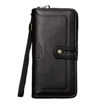 Imagem de Carteira masculina retrô preta com vários compartimentos, camurça cruzada, resistente à água, design retrô preto com vários compartimentos com alça, camurça cruzada, resistente à água