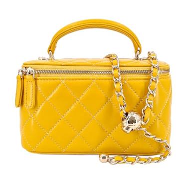 Imagem de M-ioi-M Pequena bolsa de couro genuíno acolchoada para mulheres, mini bolsa de ombro com alça superior com alça de corrente dourada, Amarelo mostarda (alça destacável), Small, Bolsa com alça superior