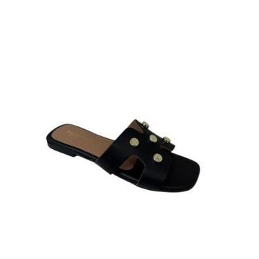 Imagem de Sandália Rasteira Feminina Tacha Metalizado - CDS, Preto, 34