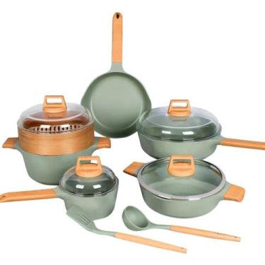 Imagem de Jogo Panelas Indução Antiaderente Mármore Cerâmico Saltê 13 Peças Verd