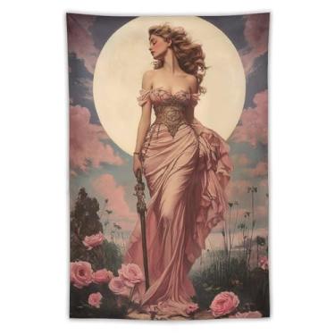Imagem de Blush Gown Celestial Tapeçaria Elegante Poised Lady By Glowing Full Moon With Delicate Pink Blossoms For Dorm Bedroom Apartment Cozy Chic Elegante Decoração de Parede Tapeçaria 101.2 cm x 152.2 cm