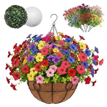 Imagem de ZeeDix Cestas de flores artificiais artificiais de 35,5 cm para plantas ao ar livre - Plantadores de jardim redondos resistentes com forro de coco para flores, vegetais