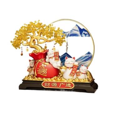 Imagem de Entrelaçados Decoração de resina de árvore da fortuna e gato da sorte: presente de inauguração e abertura para sala de estar/frente de loja(Blue sand)