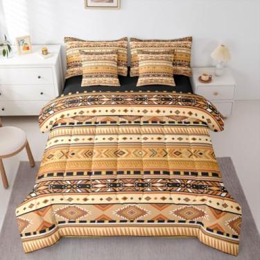 Imagem de Erosebridal Conjunto de edredom queen asteca do sudoeste, branco, marrom, 7 peças | Conjunto de cama boêmia tribal boêmia caubói para adultos