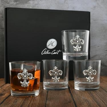 Imagem de Arthur Court Copos de uísque à moda antiga duplos estilo Fleur-de-Lis (conjunto de 4) - Copos Bourbon Cocktail Scotch Tumbler Bar DOF Copos sem chumbo 340 g
