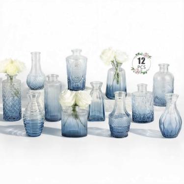 Imagem de Pacote com 12 vasos de botão a granel - vasos de flores azuis BEAHOT para decorações de casamento, vaso de vidro para decoração de mesa, vaso pequeno para casa, dia das mães, centros de mesa, festa