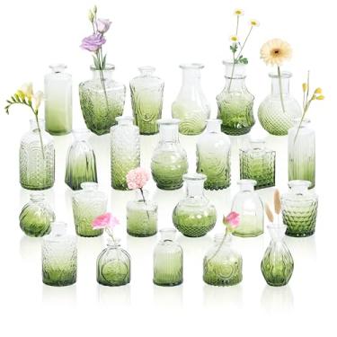 Imagem de GarDream Conjunto de 24 vasos de vidro verde-oliva vintage, mini vasos de flores em relevo gradiente para centros de mesa, casamento, decoração de chá de bebê, vaso pequeno decorativo a granel para