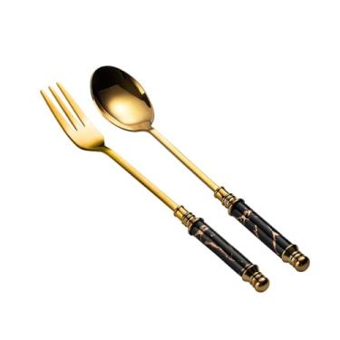 Imagem de Colher de chá de aço inoxidável e garfo de sobremesa, colheres de jantar com alça decorativa de mármore artificial, colheres de sobremesa para casa, cozinha ou restaurante (preto)