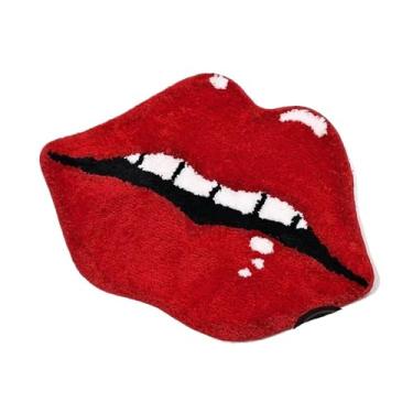 Imagem de Tapete de pelúcia artificial com estampa de lábios vermelhos - Tapete antiderrapante para banheiro e peitoril da janela, durável, lavável, decoração de casa (vermelho grande, 40 x 60 cm, 40 x 60 cm)