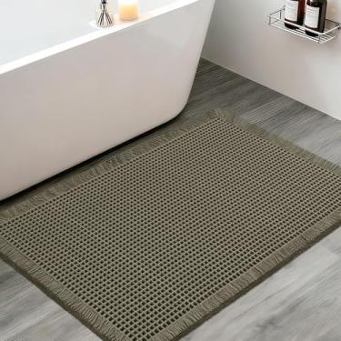 Imagem de Tapete de banheiro de waffle atualizado, 81 cm x 50 cm, verde acinzentado, super absorvente, antiderrapante, secagem rápida, tapetes de banheiro com borlas, laváveis na máquina, tapetes de banheiro