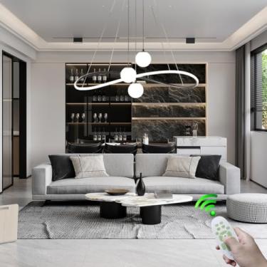 Imagem de Lustre LED moderno redondo para restaurante, luminária pendente com controle remoto, altura ajustável, ideal para mesa de jantar, sala de estar, escritório, hotel ou clube, com iluminação di