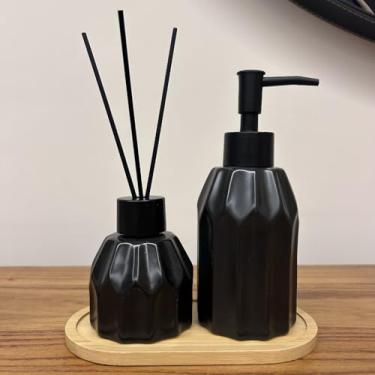 Imagem de Kit Banheiro Premium 3 Peças Saboneteira + Difusor + Bandeja em Porcelana Luxo Preto e Branco – Lavabo e Banheiro(Preto Geometric)