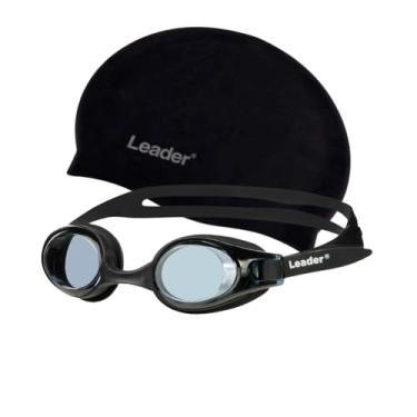 Imagem de Leader Kit Natação Shark Preto com Óculos Antiembaçante, Touca de Silicone, Proteção UV, Design Hidrodinâmico