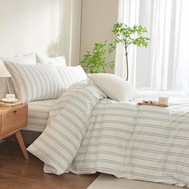 Imagem de MWL Toy Capa de edredom Queen Size branco azul listrado conjunto de capa de edredom de algodão lavado com sensação chique para todas as estações respirável durável texturizado (listras largas BDLT)