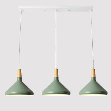 Imagem de Lustre nórdico linear moderno e colorido, luminária pendente para sala de jantar com 3 lâmpadas E27 e cúpula de metal, ideal para quarto, cozinha e ilha. Altura ajustável.