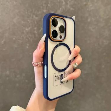 Imagem de Capa transparente de luxo para iPhone 17, 16, 15, 14, 13, 12 e 11 Pro Max, com proteção contra impactos, ímã e carregamento sem fio. Cor azul. Compatível com iPhone 11 Pro Max.