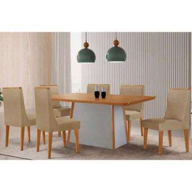 Imagem de Mesa Cozinha Tilia c/ Tampo Madeirado Canto Curvo 180x90cm e 6 Cadeiras Dakota Madeira Maciça Naturale/Off White - Capuccino/Linho Bege-Rufato