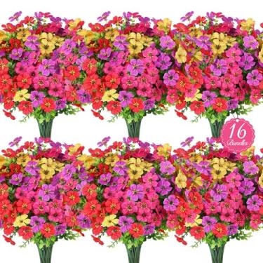 Imagem de AmberFun 16 pacotes de flores artificiais para uso ao ar livre, flores de seda falsas realistas para decoração externa, plantas artificiais resistentes a UV para vasos externos - decoração de varanda