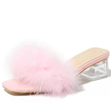 Imagem de Heiyom Sandálias femininas de salto grosso com bico quadrado baixo salto grosso mulas de penas fofas deslizam em saltos claros casamento festa nupcial sapatos de vestido, rosa, 8.5