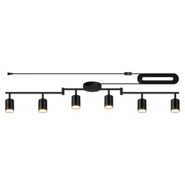 Imagem de Iluminação de pista de plugue, teto de luminárias de trilho de LED, kit de luz de cozinha preta de 6 luzes, luz de parede com cabo de alimentação de 4,5 m, holofote de teto rotativo para quarto