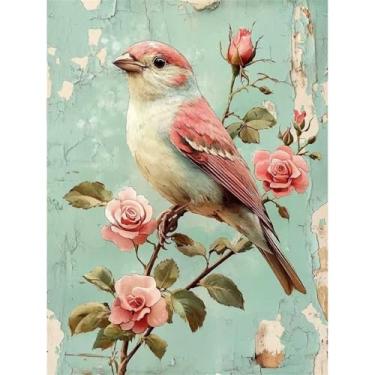 Imagem de pchmcu Kits de pintura de flor de pássaro por números para adultos, pintura rosa por número para adultos iniciantes, kits de pintura por números em tela sem moldura para decoração de parede de casa