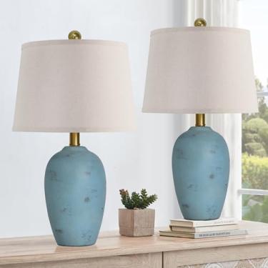 Imagem de AIEAMPDO Conjunto de 2 lâmpadas pequenas de cerâmica costeiras para quarto, mesa de cabeceira tradicional para sala de estar, escritório, dormitório, 2 lâmpadas incluídas