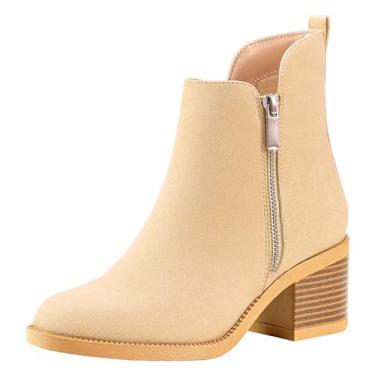 Imagem de PIZZ ANNU Botas femininas modernas de cano curto, bico redondo, salto baixo, grosso, antiderrapante, confortável, botas curtas com zíper lateral, Nude., 40