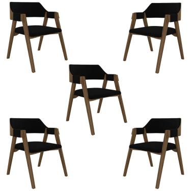 Imagem de Kit 5 Cadeiras Sala de Jantar e Jogos Carteados Madeira Maciça Poker Veludo Preto/Nogueira G42 - Gran Belo