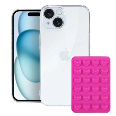 Imagem de Kit Capa Crystal Slim Para Iphone 15 + Ventosa Rosa Gshield