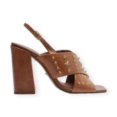 Imagem de Sandalia Feminina Arezzo Tiras Cruzadas Salto Alto Bloco Marrom-Feminino