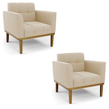 Imagem de Poltrona Base De Madeira Fixa Castanho Kit 2 Elisa Suede Bege D03 - D'rossi