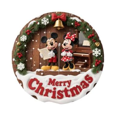 Imagem de Feliz Natal Disney Mickey Minnie Placa Redonda De Madeira Personalizad