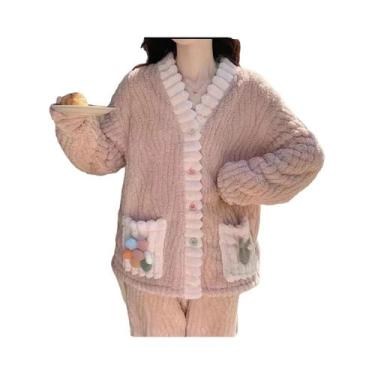 Imagem de Conjunto De Pijamas De Flanela Grossa E Quente Para Mulheres, Cardigan