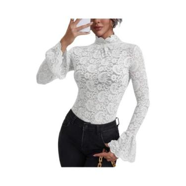 Imagem de Blusa Feminina Elegante De Renda Slim-fit Com Gola Alta, Manga Longa E