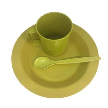 Imagem de Kit Merenda Escolar Amarelo Prato Colher Caneca Plástica 300 ML - 50 P