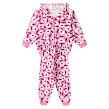 Imagem de Conjunto Inverno Menina Rosa Jaqueta com Capuz e Calça em Moletom Flor