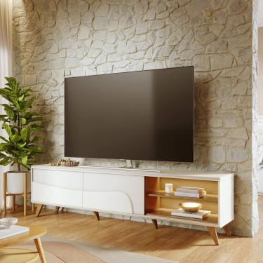 Imagem de Rack Bancada Amalfi Pés de Madeira Maciça para TV até 75 Polegadas Off White Matte Freijó Colibri