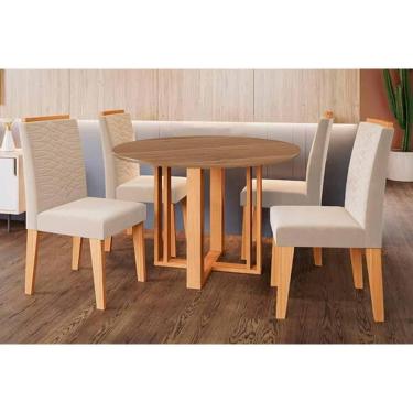 Imagem de Conjunto de Jantar Flora com 4 Lugares Tampo em MDF com Cadeiras Clarice Suede Amadeirado Bege Nude 109CM