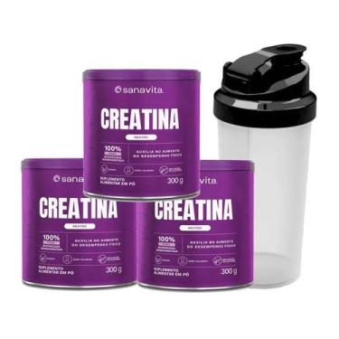 Imagem de Kit 3x Creatina Sanavita 300g  Pura Monohidratada com Coqueteleira e A