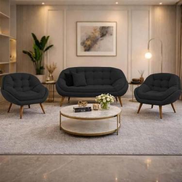 Imagem de Kit Namoradeira e 2 Poltronas Chicago Veludo Preto Pés Palito - Pallaz