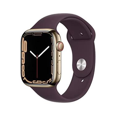Imagem de Apple Watch Series 7 (GPS + Cellular), Caixa em aço inoxidável dourado de 45 mm com Pulseira esportiva cereja escura