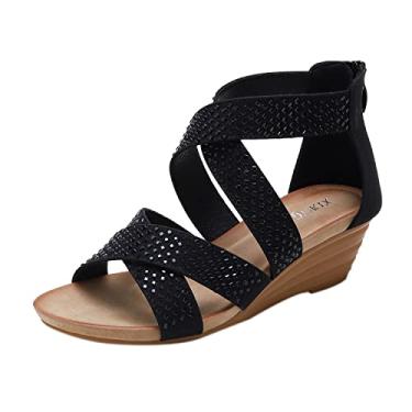 Imagem de Sandália feminina anabela minimalista cruzada tira no tornozelo sapatos romanos zíper nas costas casual verão, 3, preto, 36 BR