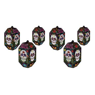 Imagem de Beistle Lanternas de papel de caveira Dia dos Mortos Dia de Los Muertos penduradas decorações de festa temáticas de Halloween, 20,32 cm a 28 cm, multicoloridas