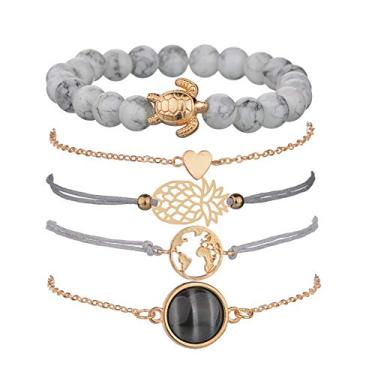 Imagem de VONRU Pulseiras de contas para mulheres - Conjunto de pulseiras ajustáveis com pingente de pingente para mulheres, elos de pulseira da amizade (pulseira de tartaruga)