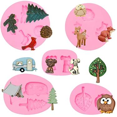 Imagem de Moldes de silicone para carro de barraca de acampamento 5 peças, molde para fondant de chocolate de árvore animal para decoração de bolo, açúcar doce, topo de cupcake, pop de bolo, picolé, artesanato de argila de polímero