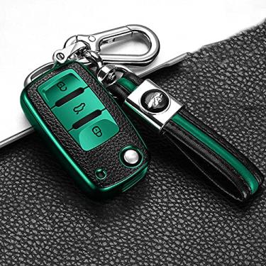 Imagem de YJADHU Capa de chave de carro de couro TPU 3 botões dobrável controle remoto, apto para VW Volkswagen Golf 6 Polo Passat Seat Ibiza Leon Skoda Octavia Fabia, verde com chaveiro