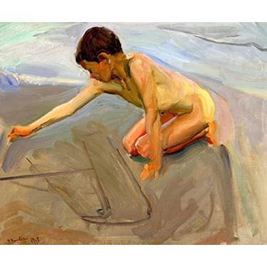 Imagem de Desenho na Areia Menino na Praia Desenhando um Barco a Vela na Areia Molhada Espanha Pintura de Joaquín Sorolla Repro em Tela"canvas" ou Arte em Papel (Tela "Canvas", 40cm X 50cm)