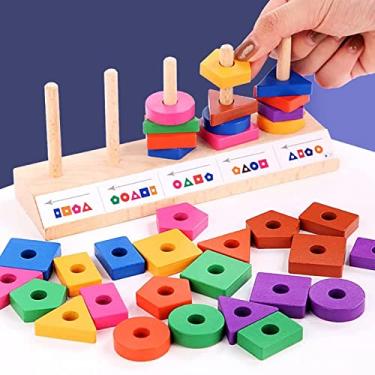 Imagem de Jogo de correspondência, formas, cores e ordem. Conjunto de empilhamento montessori. Brinquedo Educativo de madeira. Torre de encaixe.